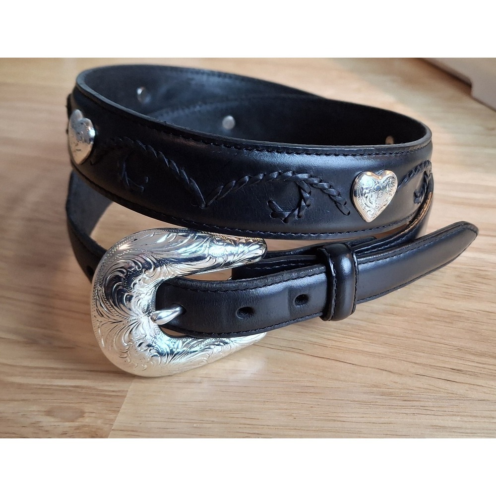 Black Leather Heart Concho Belt with Silver Buckle